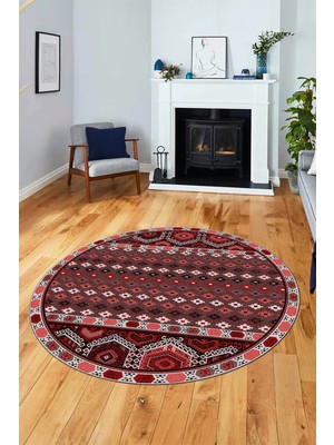 Evdeya Dijital Kaymaz Yıkanabilir Şık Etnik Desenli Yuvarlak Mutfak Salon Halısı, Y-Etnik-13-Kırmızı,