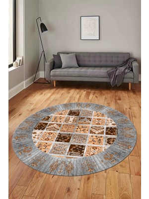 Evdeya Yeni Etnik Desen Kaymaz Yıkanabilir Yuvarlak Mutfak Salon Koridor Halısı, Y-Etnik-18-Gri,