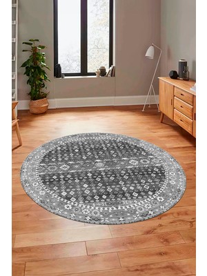 Evdeya Yeni Tasarım Etnik Desenli Yıkanabilir Yuvarlak Mutfak Salon Koridor Halısı, Y-Etnik-17-Gri,