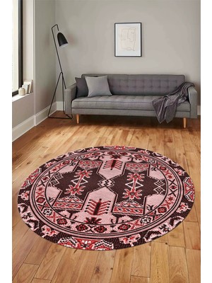 Evdeya Şık Etnik Desen Kaymaz Yıkanabilir Yuvarlak Mutfak Salon Koridor Halısı, Y-Etnik-20-Pembe,