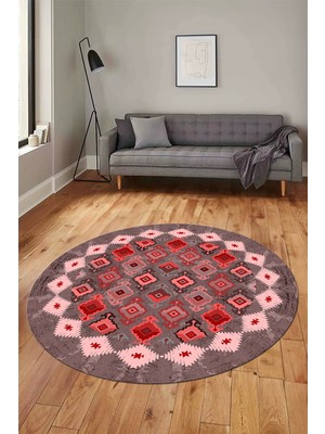Evdeya Sade Etnik Desen Kaymaz Yıkanabilir Yuvarlak Mutfak Salon Koridor Halısı, Y-Etnik-19-Kırmızı,