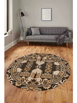 Evdeya Şık Etnik Desen Kaymaz Yıkanabilir Yuvarlak Mutfak Salon Koridor Halısı, Y-Etnik-20-Kahve,