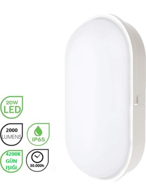 Rultech Su Geçirmez 20W Beyaz Kasa Gün Işığı 4200K Bahçe Teras Banyo Iç Dış Mekan LED Işık 2000LM