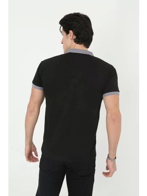 Sneppy Erkek Yakalı Slim Fit Baskılı T-Shirt - Siyah