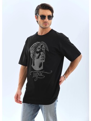 Sneppy Unisex Oversize Taşlı Bisiklet Yaka T-Shirt - Siyah