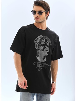 Sneppy Unisex Oversize Taşlı Bisiklet Yaka T-Shirt - Siyah