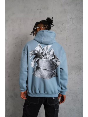 Sneppy Erkek Kanguru Cep Baskılı Kapüşonlu Sweatshirt - Mavi