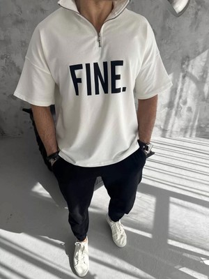 Sneppy Unisex Baskılı Yarım Fermuarlı T-Shirt - Beyaz