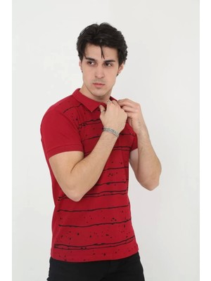 Sneppy Erkek Yakalı Slim Fit Pike Çizgili T-Shirt - Kırmızı