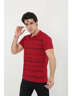 Sneppy Erkek Yakalı Slim Fit Pike Çizgili T-Shirt - Kırmızı