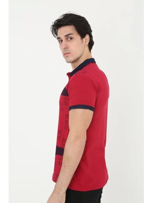 Sneppy Erkek Yakalı Slim Fit Baskılı T-Shirt - Kırmızı