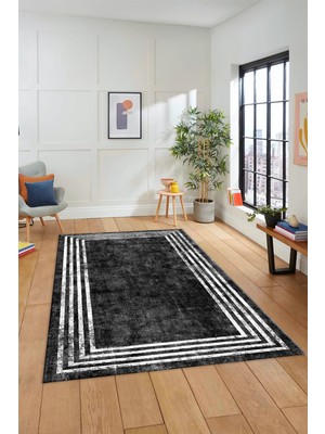 Evdeya Dijital Baskılı Kaymaz Taban Yıkanabilir Sade Çerçeveli Mutfak Salon Halısı, Çerçeveli-06-Siyah,