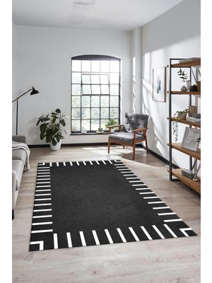 Evdeya Yeni Şık Tasarım Yıkanabilir Kaymaz Çerçeveli Yolluk Mutfak Salon Halısı, Çerçeveli-40-Antrasit,
