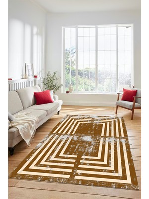 Evdeya Yeni Tarz Çerçeve Desenli Modern Yıkanabilir Yolluk Mutfak Salon Halısı, Çerçeveli-15-Kahve,