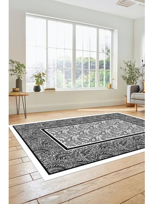 Evdeya Çiçekli Tasarım Yıkanabilir Kaymaz Taban Çerçeveli Mutfak Salon Halısı, Çerçeveli-37-Beyaz,