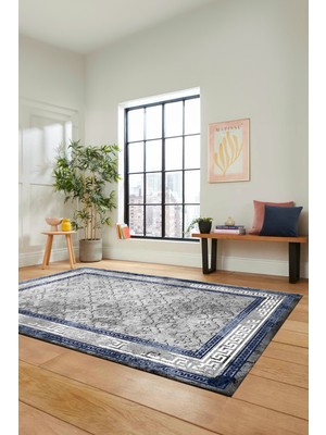 Evdeya Şık Tasarım Çerçeve Desenli Modern Yıkanabilir Mutfak Salon Halısı, Çerçeveli-10-Mavi,