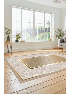 Evdeya Çiçekli Tasarım Yıkanabilir Kaymaz Taban Çerçeveli Mutfak Salon Halısı, Çerçeveli-37-Gold,