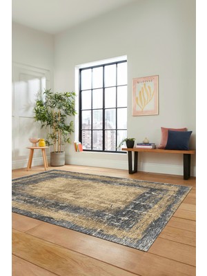 Evdeya Sade Motifli Çerçeve Desenli Modern Yıkanabilir Yolluk Mutfak Salon Halısı, Çerçeveli-14-Krem,