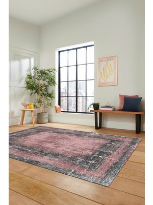 Evdeya Sade Motifli Çerçeve Desenli Modern Yıkanabilir Yolluk Mutfak Salon Halısı, Çerçeveli-14-Pembe,