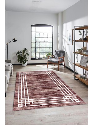 Evdeya Yeni Şık Tasarım Yıkanabilir Kaymaz Çerçeveli Modern Yolluk Salon Halısı, Çerçeveli-42-Bordo,