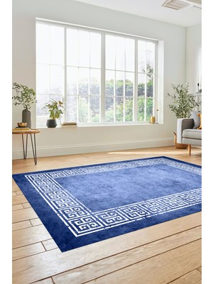 Evdeya Yeni Şık Tasarım Yıkanabilir Kaymaz Taban Çerçeveli Mutfak Salon Halısı, Çerçeveli-36-Mavi,