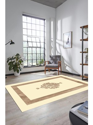 Evdeya Dijital Baskılı Kaymaz Yıkanabilir Göbekli Çerçeveli Yolluk Salon Halısı, Çerçeveli-46-Krem-,