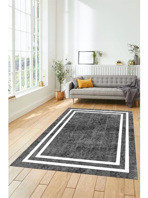 Evdeya Dijital Baskılı Kaymaz Yıkanabilir Sade Çerçeveli Yolluk Mutfak Salon Halısı, Çerçeveli-30-Gri,