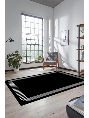 Evdeya Dijital Baskılı Kaymaz Yıkanabilir Modern Sade Çerçeveli Yolluk Salon Halısı, Çerçeveli-45-Siyah,