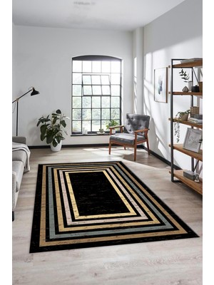 Evdeya Yeni Şık Tasarım Yıkanabilir Kaymaz Çerçeveli Yolluk Salon Halısı, Çerçeveli-41-Siyah,