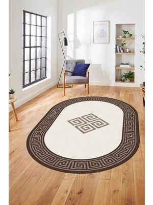 Evdeya Dijital Kaymaz Yıkanabilir Göbekli Çerçeveli Oval Mutfak Salon Halısı, O-Çerçeveli-01-Kahve,