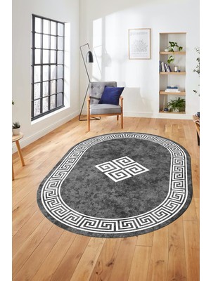 Evdeya Dijital Kaymaz Yıkanabilir Göbekli Çerçeveli Oval Mutfak Salon Halısı, O-Çerçeveli-01-Gri,