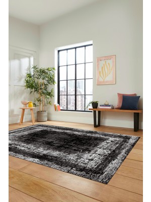 Evdeya Sade Motifli Çerçeve Desenli Modern Yıkanabilir Yolluk Mutfak Salon Halısı, Çerçeveli-14-Siyah,