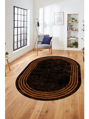 Evdeya Dijital Kaymaz Taban Yıkanabilir Sade Çerçeveli Oval Mutfak Salon Halısı, O-Çerçeveli-06-Kahve,