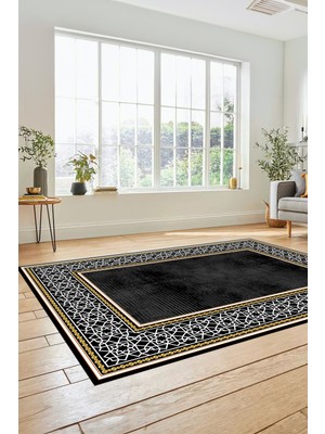 Evdeya Dijital Baskılı Kaymaz Yıkanabilir Çerçeveli Yolluk Mutfak Salon Halısı, Çerçeveli-35-Siyah,