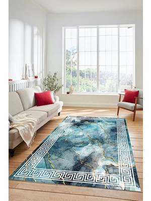 Evdeya Mermer Çerçeve Desenli Modern Yıkanabilir Yolluk Mutfak Salon Halısı, Çerçeveli-17-Mavi,