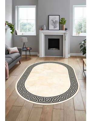 Evdeya Mermer Çerçeve Desen Modern Yıkanabilir Yolluk Mutfak Oval Salon Halısı, O-Çerçeveli-17-Krem,