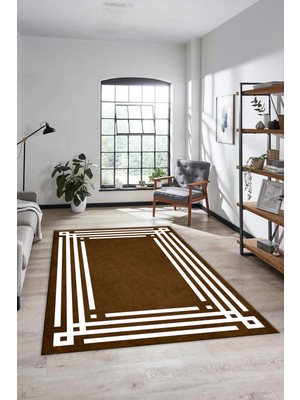 Evdeya Dijital Baskılı Kaymaz Yıkanabilir Modern Şık Çerçeveli Yolluk Salon Halısı, Çerçeveli-44-Kahve,