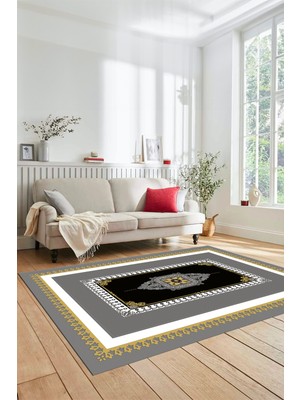 Evdeya Klasik Çerçeve Desen Yıkanabilir Kaymaz Yolluk Mutfak Salon Halısı, Çerçeveli-23-Sarı,