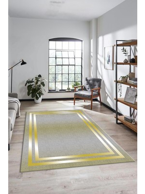 Evdeya Sade Düz Renk Çerçeveli Yıkanabilir Modern Yolluk Salon Halısı, Çerçeveli-39-Sarı,