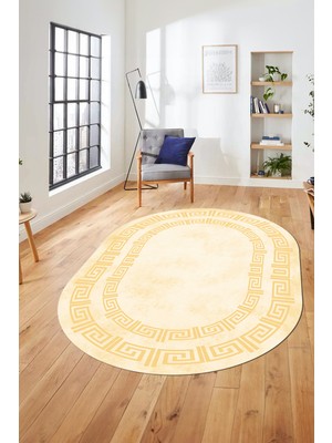 Evdeya Dijital Kaymaz Taban Yıkanabilir Çerçeveli Oval Mutfak Salon Halısı, O-Çerçeveli-05-Krem,