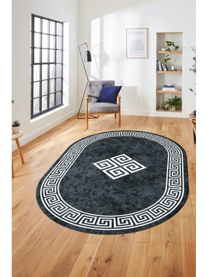 Evdeya Dijital Kaymaz Yıkanabilir Göbekli Çerçeveli Oval Mutfak Salon Halısı, O-Çerçeveli-01-Füme,
