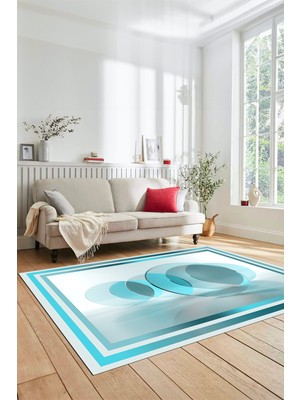 Evdeya Modern Çerçeve Desen Yıkanabilir Kaymaz Yolluk Mutfak Salon Halısı, Çerçeveli-24-Mavi,