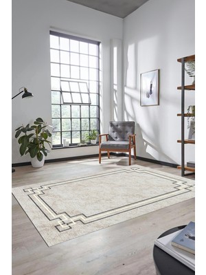 Evdeya Dijital Baskılı Kaymaz Yıkanabilir Zarif Çerçeveli Ince Yolluk Salon Halısı, Çerçeveli-50-Krem,