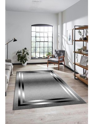 Evdeya Sade Düz Renk Çerçeveli Yıkanabilir Modern Yolluk Salon Halısı, Çerçeveli-39-Gri,