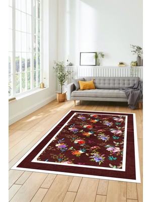 Evdeya Çiçekli Çerçeve Desen Yıkanabilir Kaymaz Yolluk Mutfak Salon Halısı, Çerçeveli-27-Bordo,