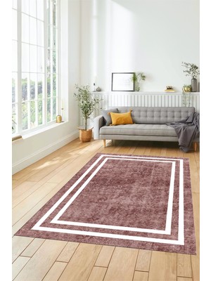 Evdeya Dijital Baskılı Kaymaz Yıkanabilir Sade Çerçeveli Yolluk Mutfak Salon Halısı, Çerçeveli-30-Bordo,