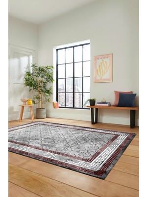 Evdeya Şık Tasarım Çerçeve Desenli Modern Yıkanabilir Mutfak Salon Halısı, Çerçeveli-10-Bordo,