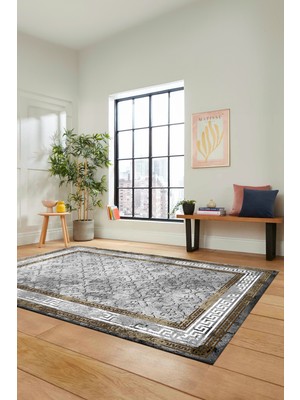 Evdeya Şık Tasarım Çerçeve Desenli Modern Yıkanabilir Mutfak Salon Halısı, Çerçeveli-10-Kahve,