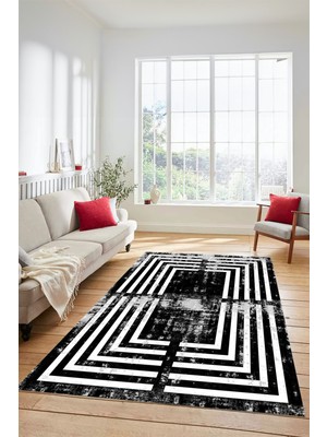 Evdeya Yeni Tarz Çerçeve Desenli Modern Yıkanabilir Yolluk Mutfak Salon Halısı, Çerçeveli-15-Siyah,