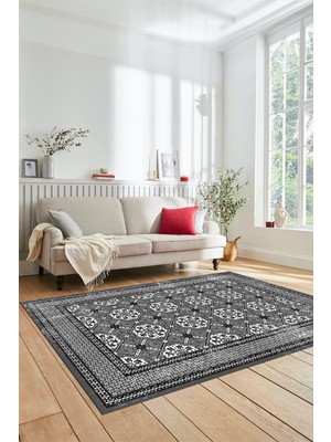 Evdeya Etnik Çerçeve Desen Yıkanabilir Kaymaz Yolluk Mutfak Salon Halısı, Çerçeveli-26-Gri,